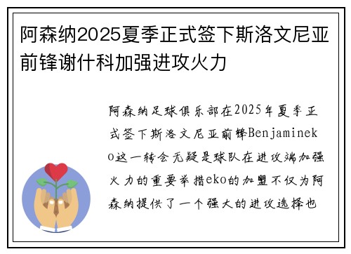 阿森纳2025夏季正式签下斯洛文尼亚前锋谢什科加强进攻火力