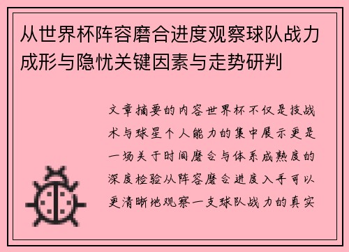 从世界杯阵容磨合进度观察球队战力成形与隐忧关键因素与走势研判