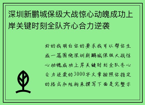 深圳新鹏城保级大战惊心动魄成功上岸关键时刻全队齐心合力逆袭