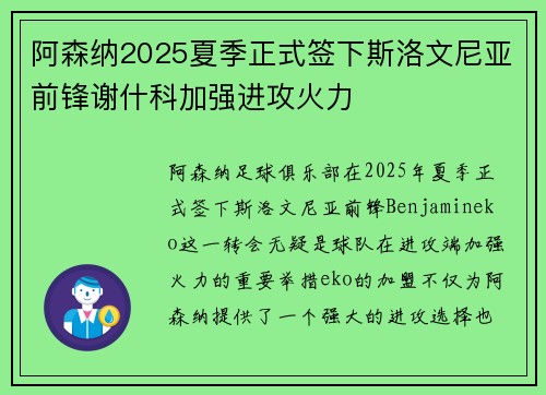 阿森纳2025夏季正式签下斯洛文尼亚前锋谢什科加强进攻火力